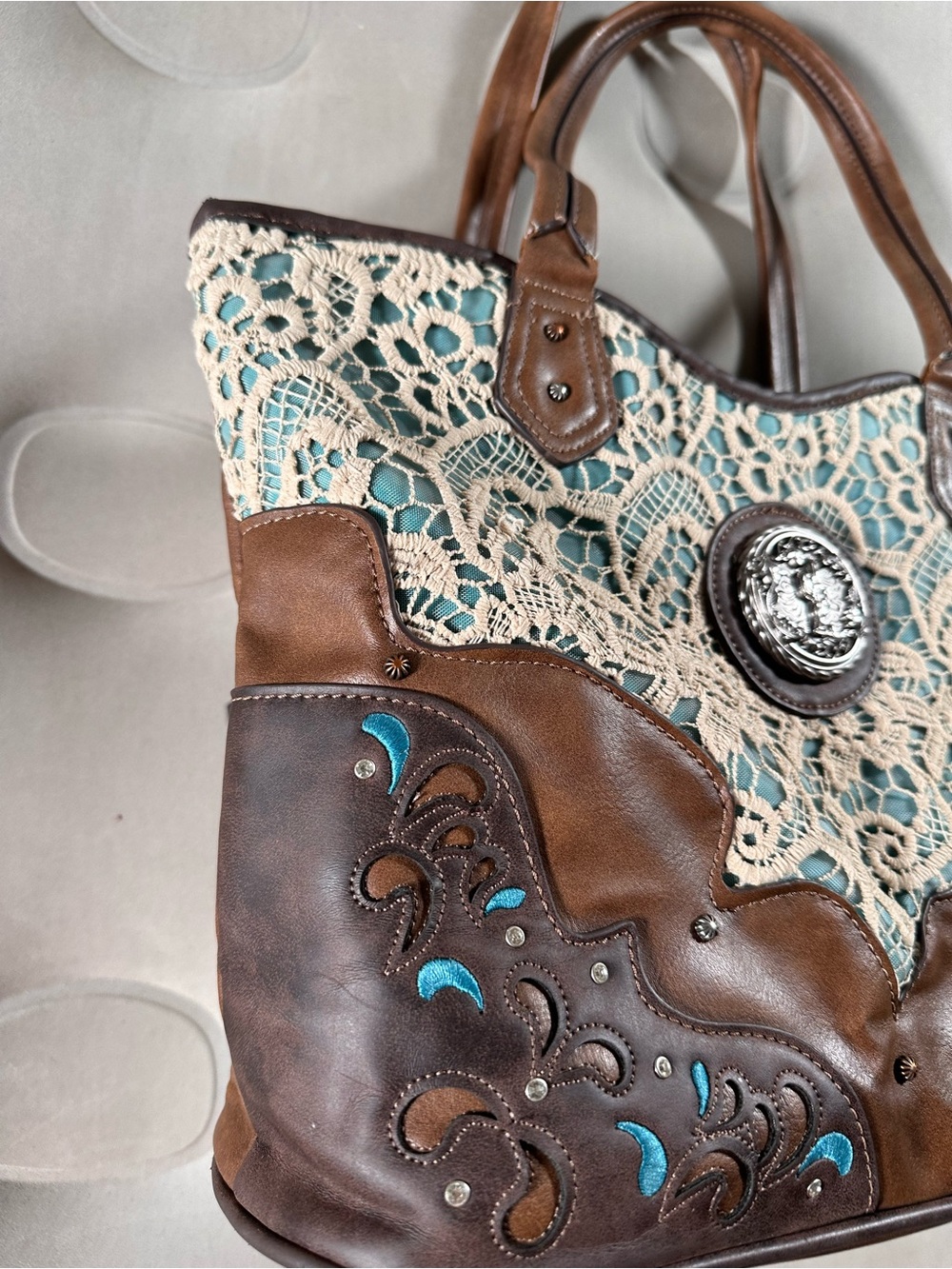 Justin Boots Western Brown Shoulder Handbag Retro Lace Cottagecore Boho Hippie - Picture 2 of 16